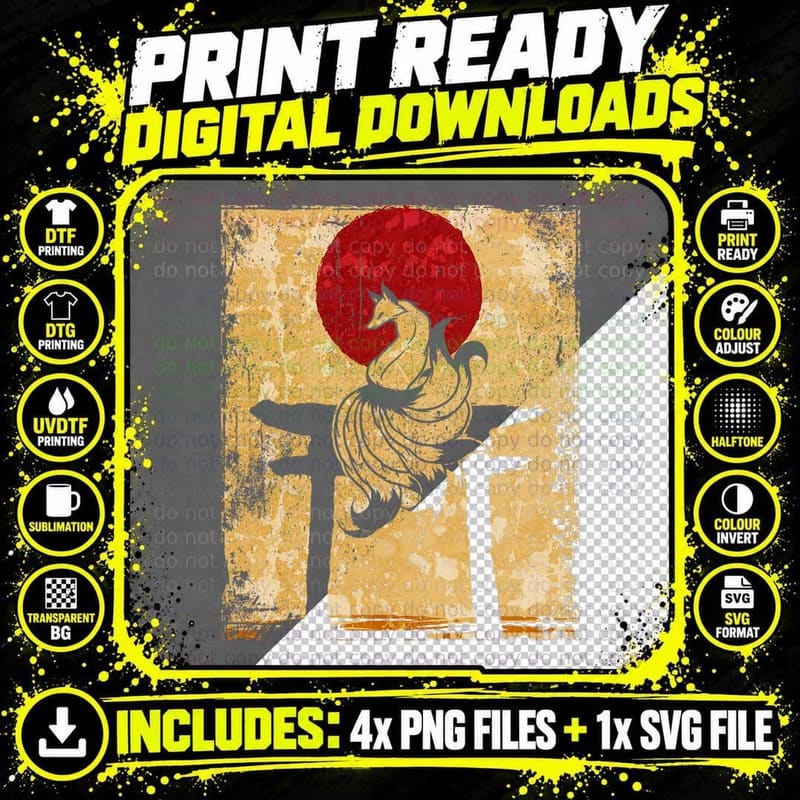 Nine Tailed Fox Japanese Art Retro T-Shirt Png SVG Digital Bundle