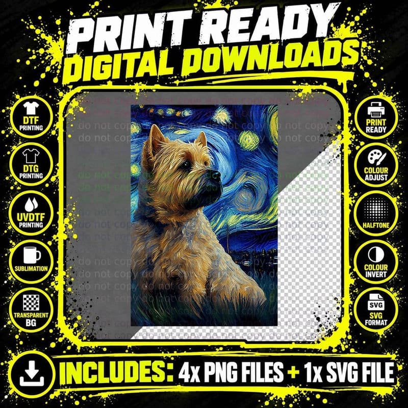 Norwich Terrier in Starry Night Painting Dog Mom Dad Png SVG Digital Bundle