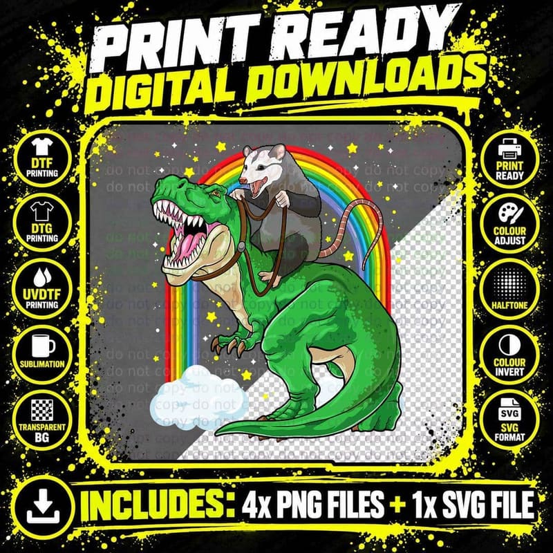 Opossum Riding Dinosaur T Rex Funny Trash Garbage Gang Png SVG Digital Bundle