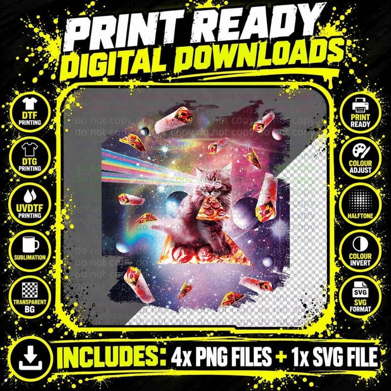Outer Space Pizza Cat - Rainbow Laser, Taco Png SVG Digital Bundle