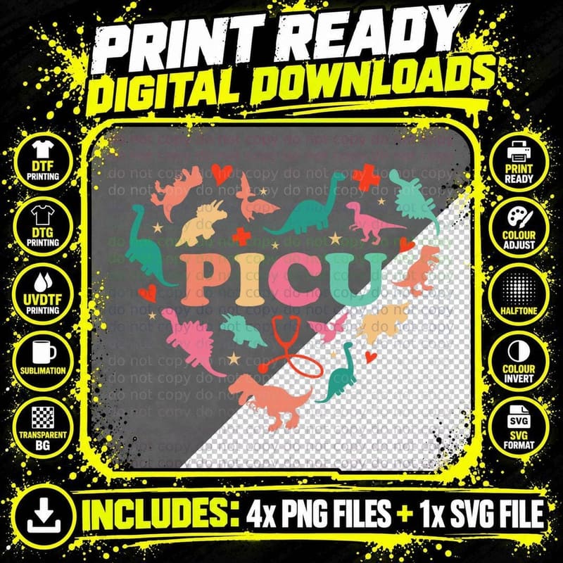 PICU Pediatric Nurse Heart Cute Dinosaur Physical Peds Png SVG Digital Bundle