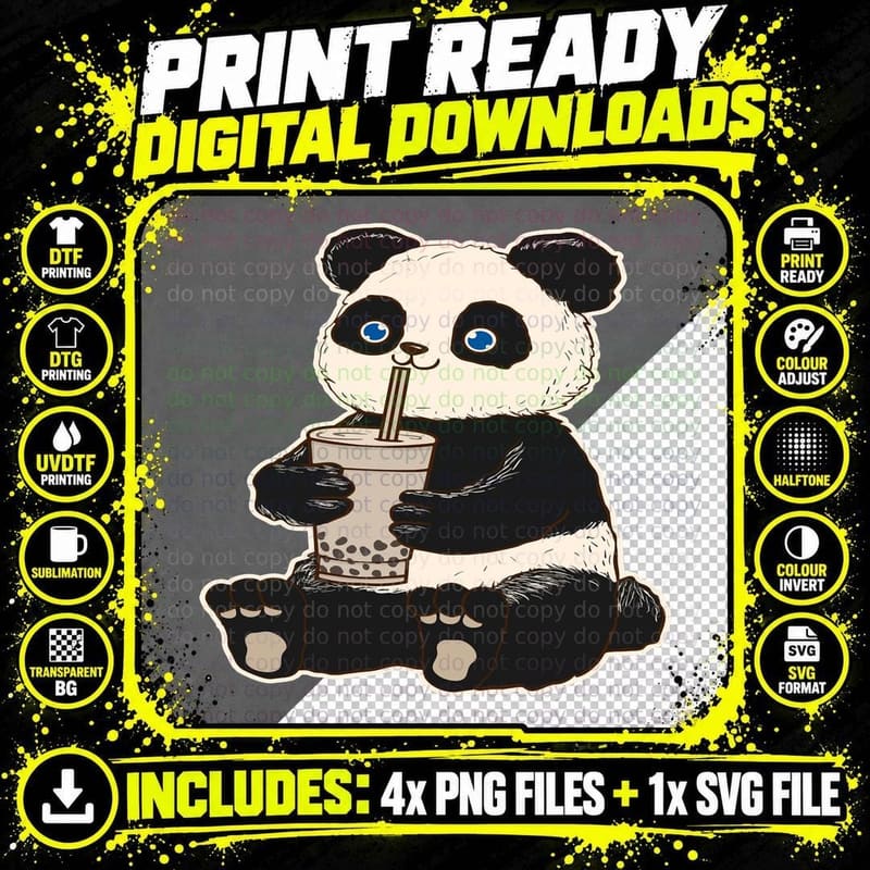 Panda Bear Bubble Tea Boba Animal Drink Giant Sweatshirt Png SVG Digital Bundle