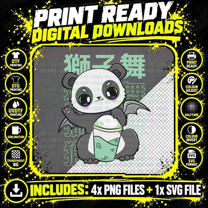 Panda Drinking Bubble Milk Tea Mochi Animals Kanji Png SVG Digital Bundle