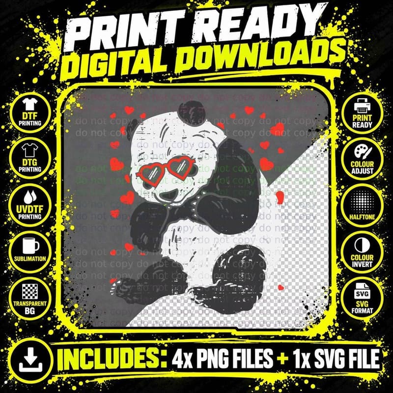 Panda Heart Glasses Cute Valentines Day Bear Animal Gift Png SVG Digital Bundle