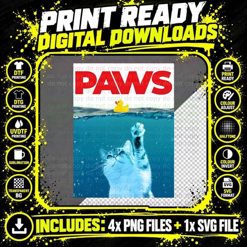 Paws Cat and Yellow Rubber Duck Teal Water Funny Cat Png SVG Digital Bundle