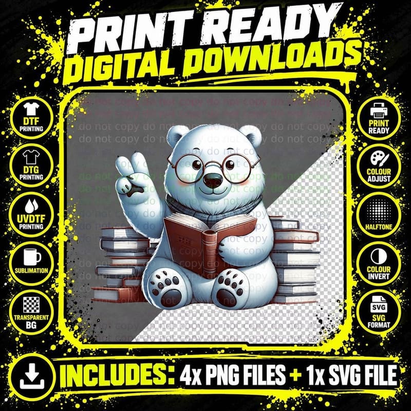 Peace Hand Polar Bear Librarian Book Lover Reader Png SVG Digital Bundle