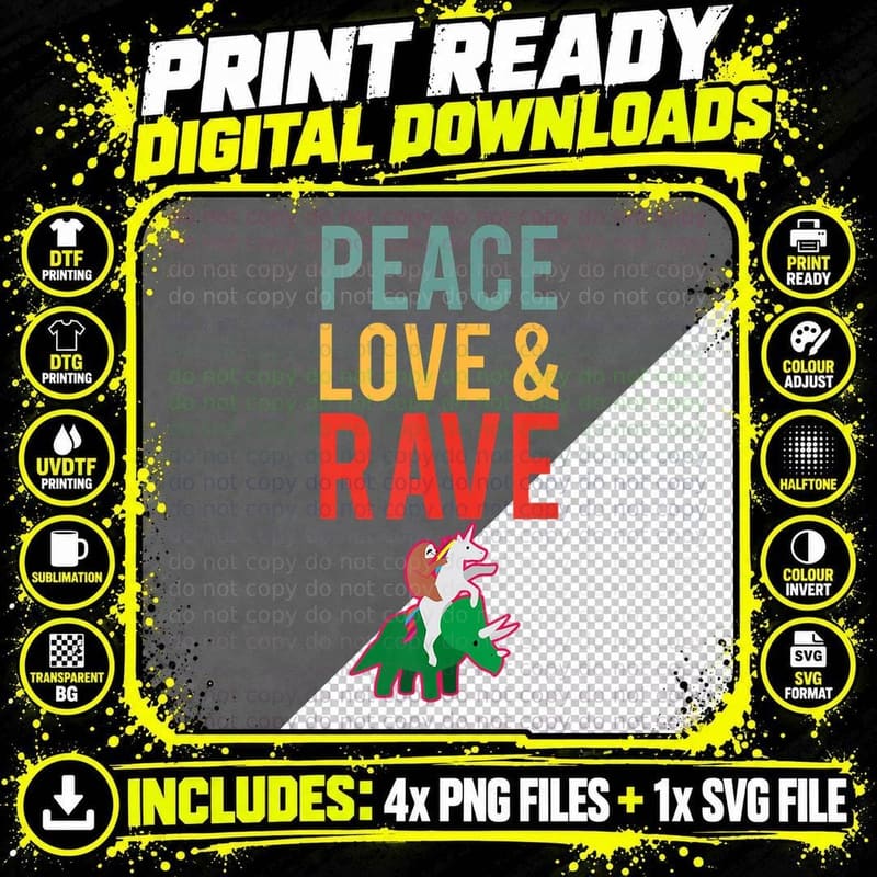 Peace Love & Rave Funny EDM Unicorn Sloth Dinosaur Png SVG Digital Bundle