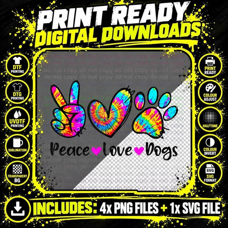 Peace Love Dogs Tie Dye Dog Paw Dog Mom Cute Mother's Png SVG Digital Bundle