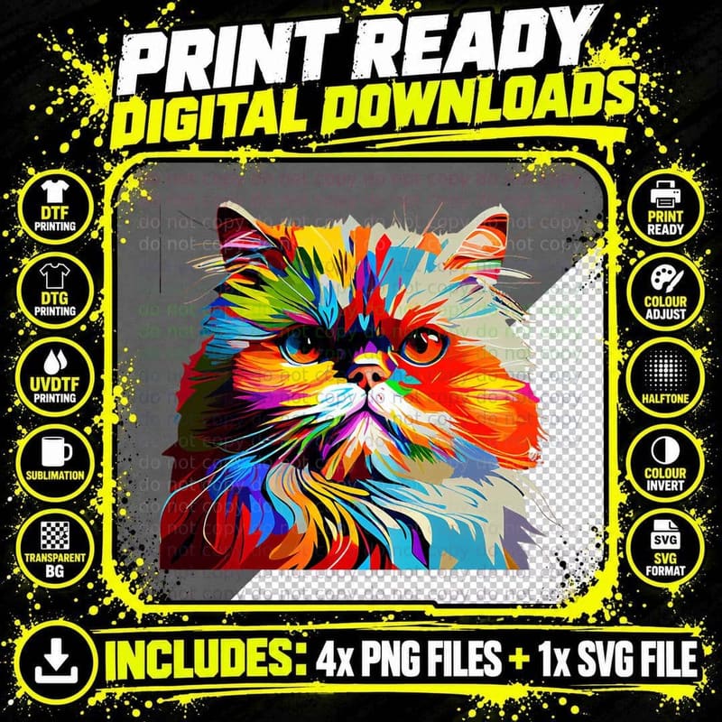 Persian Cat Lovers Colorful Pop Art Persian Cat T-Shirt Png SVG Digital Bundle