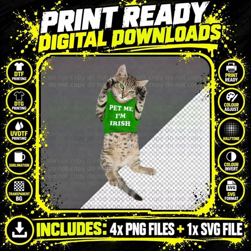 Pet Me I'm Irish Funny St Patricks Day Cat T-Shirt Png SVG Digital Bundle