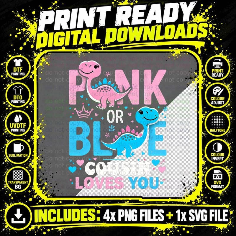 Pink or Blue Cousin Loves You Cute Dinosaur Gender Png SVG Digital Bundle