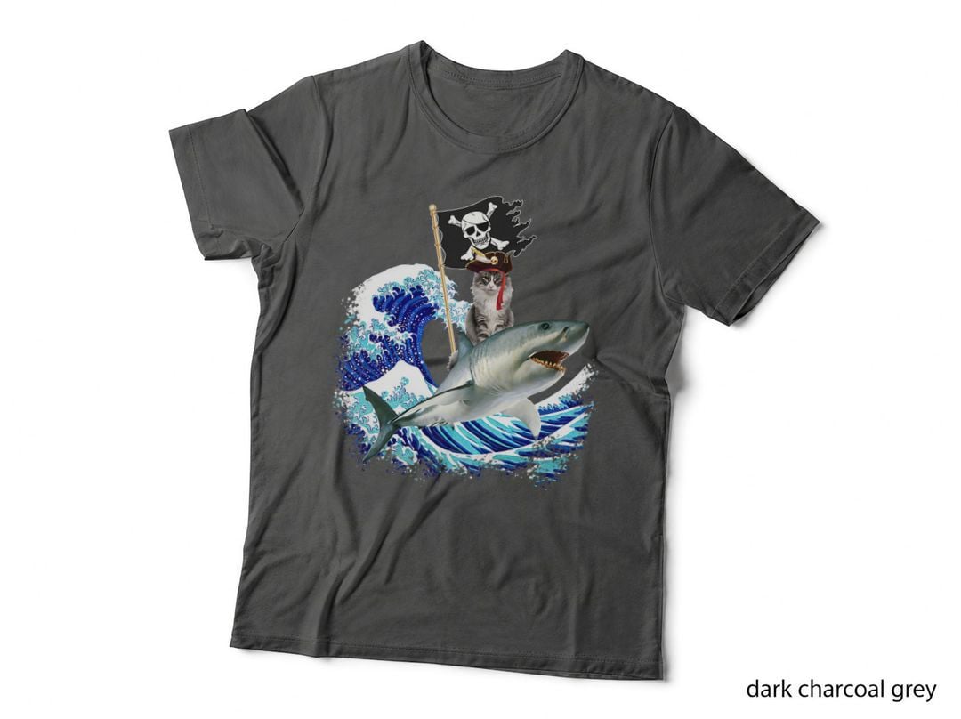 Pirate Cat Riding Shark Surfing Japanese Wave Cat Lover T-Shirt