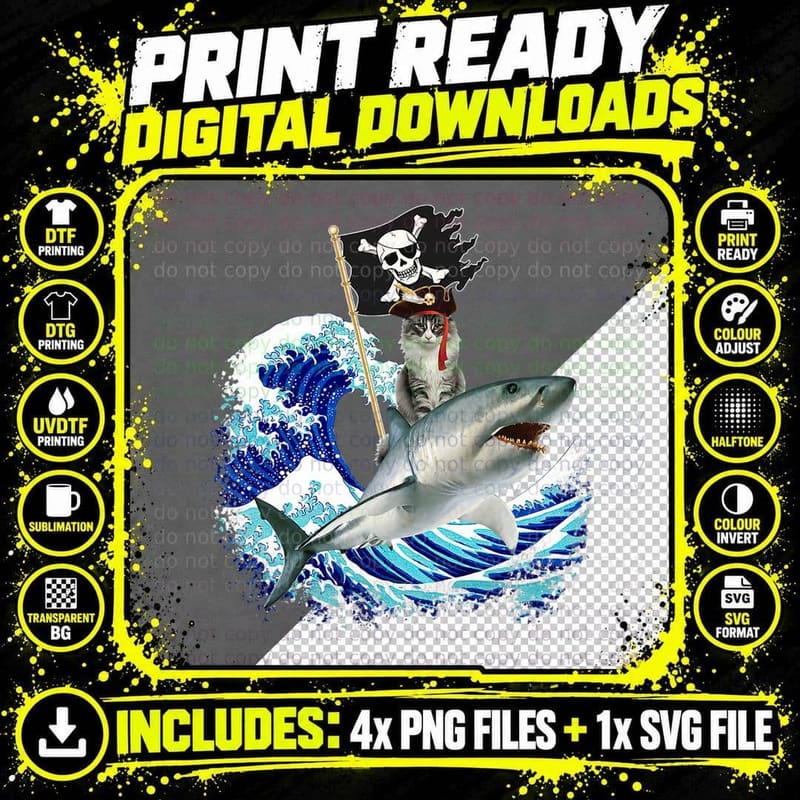 Pirate Cat Riding Shark Surfing Japanese Wave Cat Lover Png SVG Digital Bundle