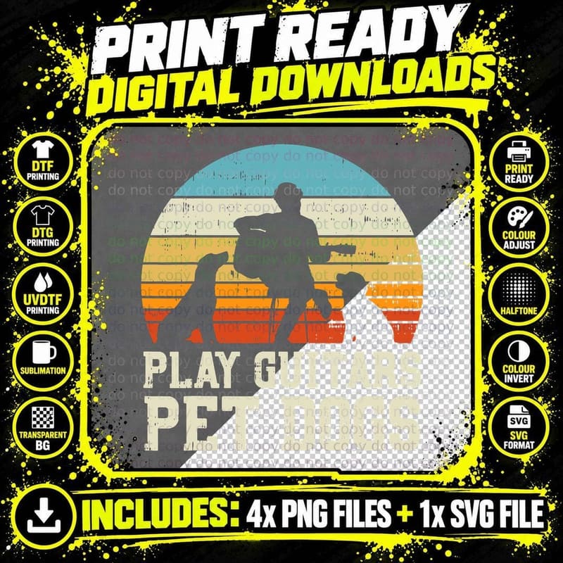 Play Guitars Pet Dog Retro Music Guitarist Animal Lover Png SVG Digital Bundle