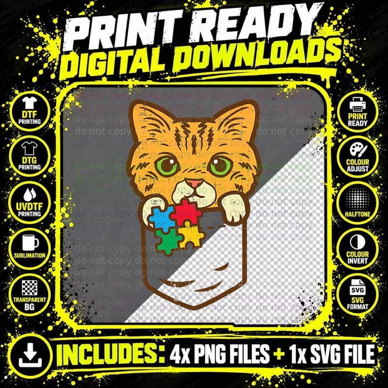 Pocket Cat Puzzle Autism Awareness Kitten Men Women Kids Png SVG Digital Bundle