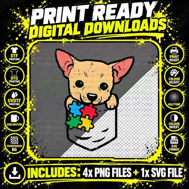 Pocket Chihuahua Puzzle Cute Autism Awareness Chiwawa Png SVG Digital Bundle