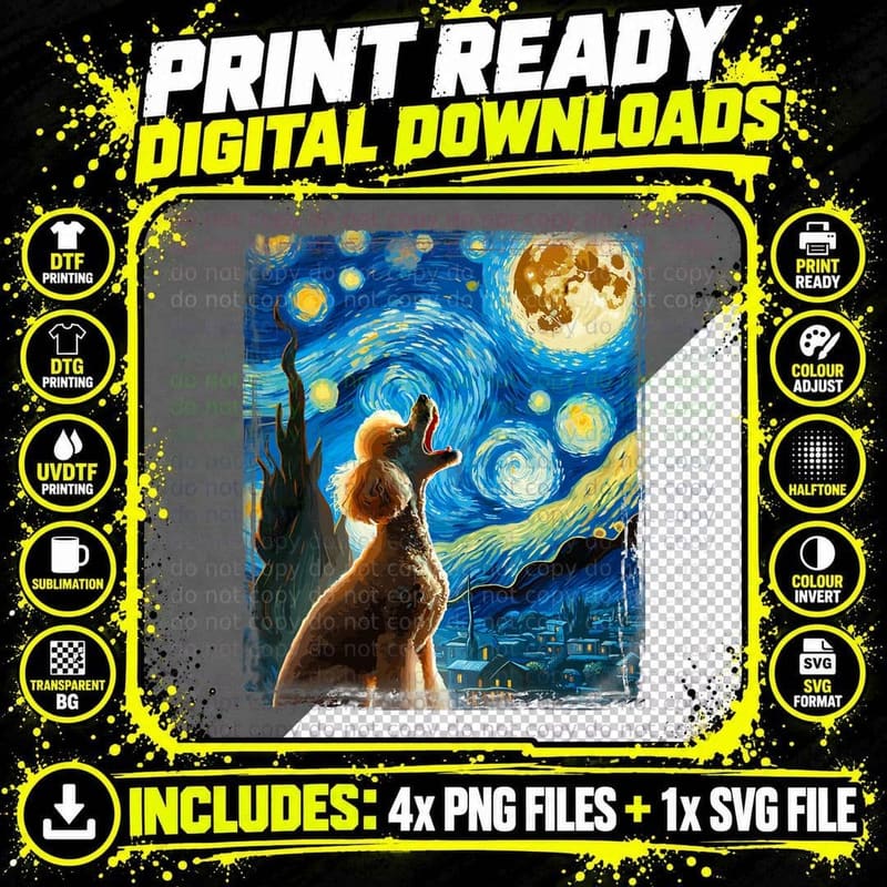 Poodle Dog Moonlit Canine Art Van Gogh Starry Night Png SVG Digital Bundle