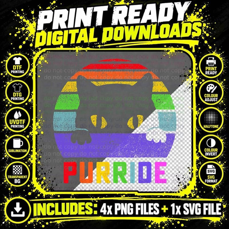 Pride Cat Purride Gay LGBTQ Rainbow Flag Retro Style Png SVG Digital Bundle