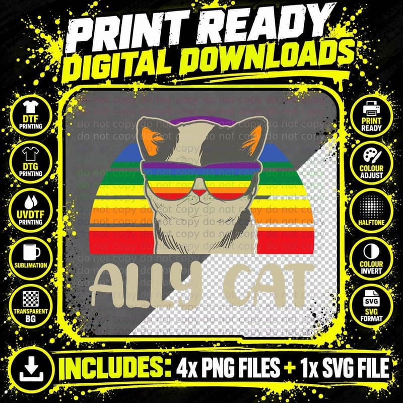 Pride Month Ally Cat LGBT Rainbow Flag Proud T-Shirt Png SVG Digital Bundle