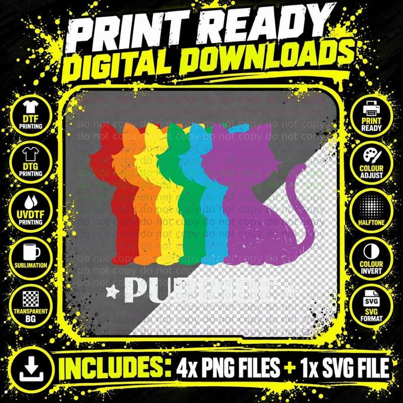 Pride Month Purride Cat LGBT Rainbow Flag T-Shirt Png SVG Digital Bundle