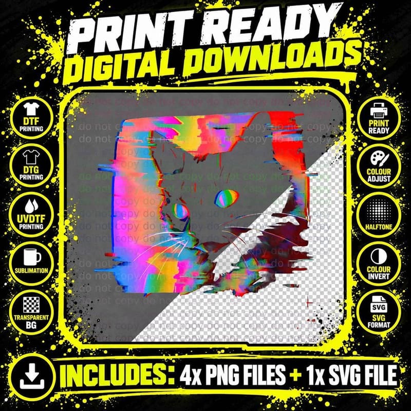 Psychedelic Weirdcore Cat Vaporwave Aesthetic Trippy Png SVG Digital Bundle