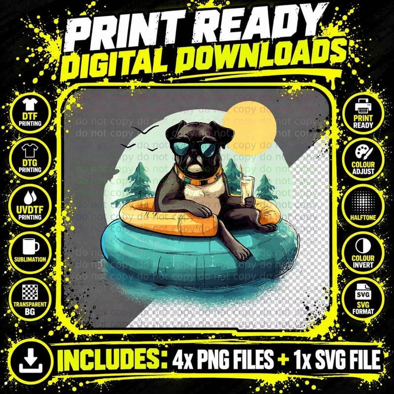 Pug Dog Chilling in Swimming Pool Funny Swimmer Design Png SVG Digital Bundle