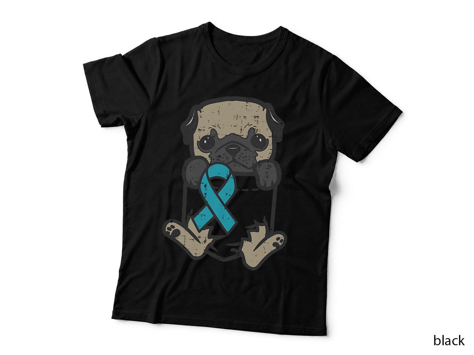 Pug Feet Teal Ribbon Pocket Ovarian Cancer Awareness Dog T-Shirt