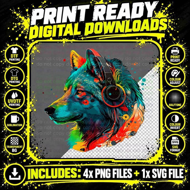 Rainbow Colorful Dj Wolf Headphones Music Wolf Lover Png SVG Digital Bundle
