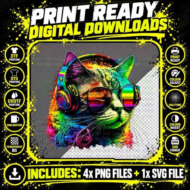 Rainbow DJ Cat with Sunglasses Headphones Music Funny Png SVG Digital Bundle
