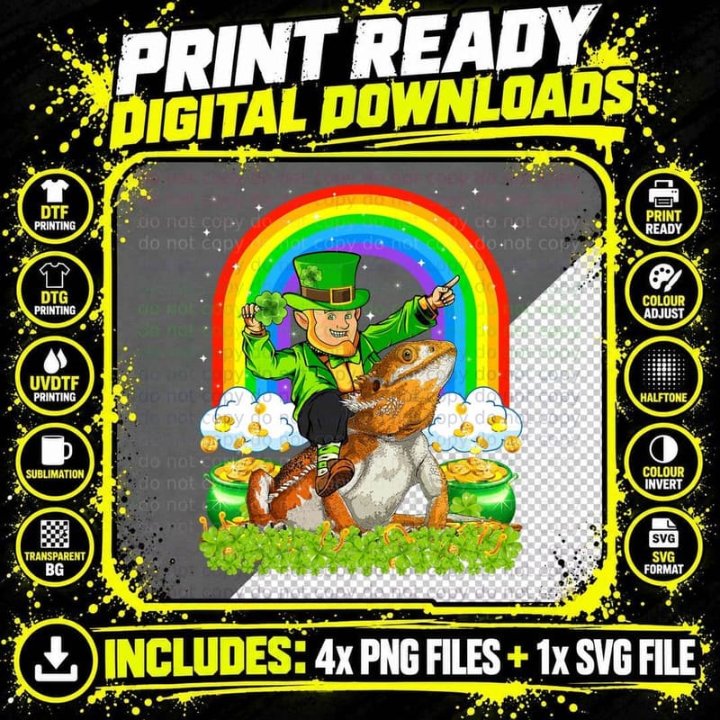 Rainbow Leprechaun Riding Bearded Dragon St Patrick's Png SVG Digital Bundle