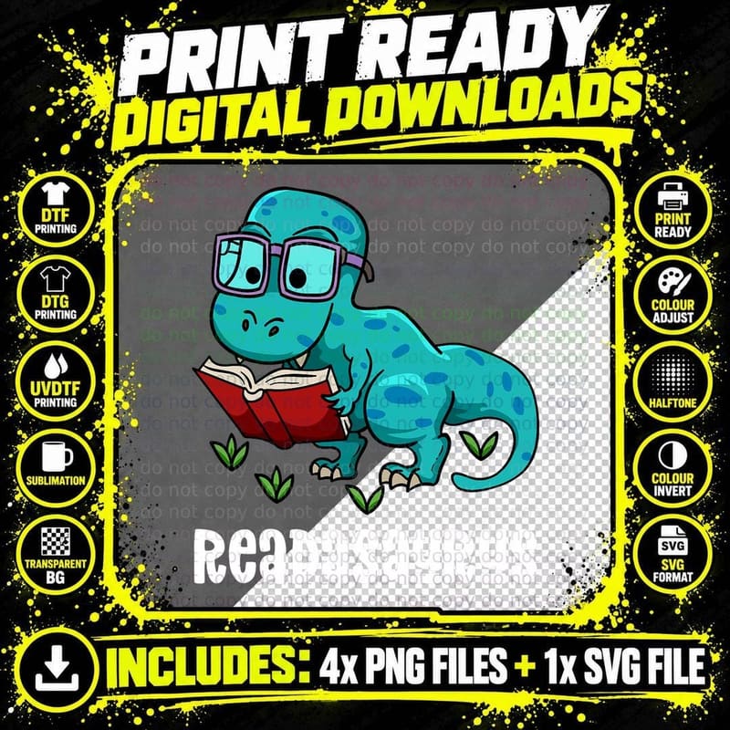 Readasaurus Funny Reading Dinosaur Bookworm Book Reader Png SVG Digital Bundle