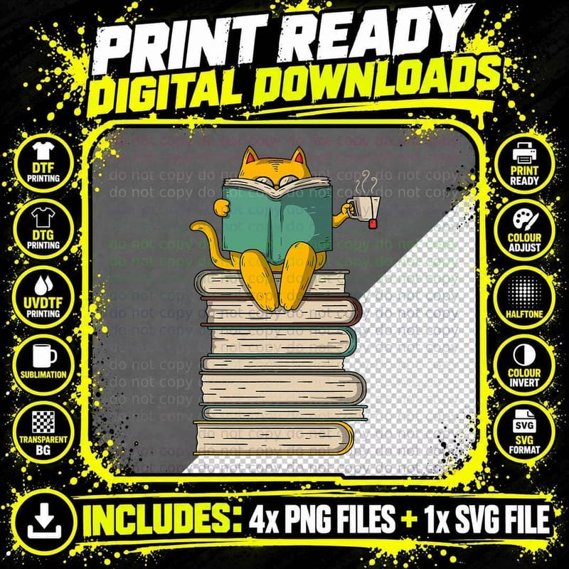 Reading Cat - Funny Book & Tea Lover Gift Short Sleeve Png SVG Digital Bundle