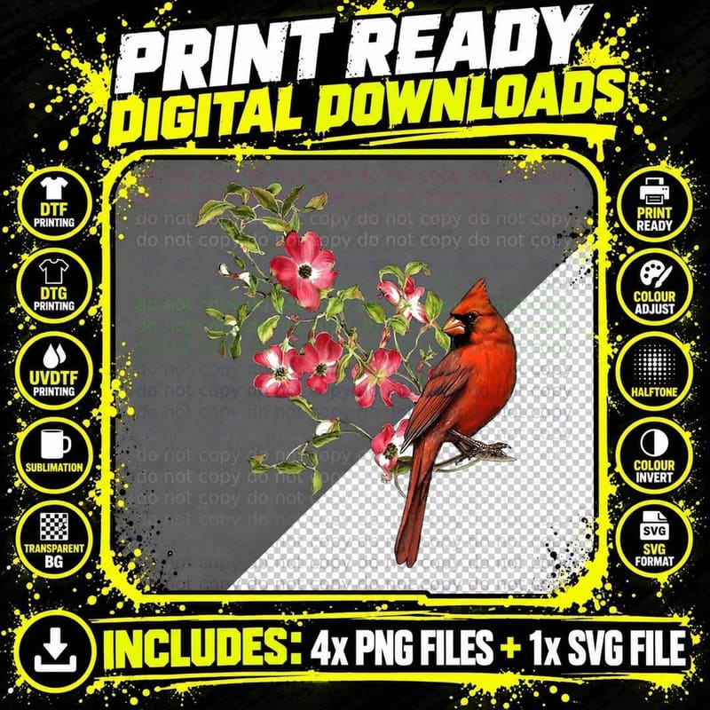 Red Cardinal Bird and Pink Flowering Dogwood Blossoms Png SVG Digital Bundle