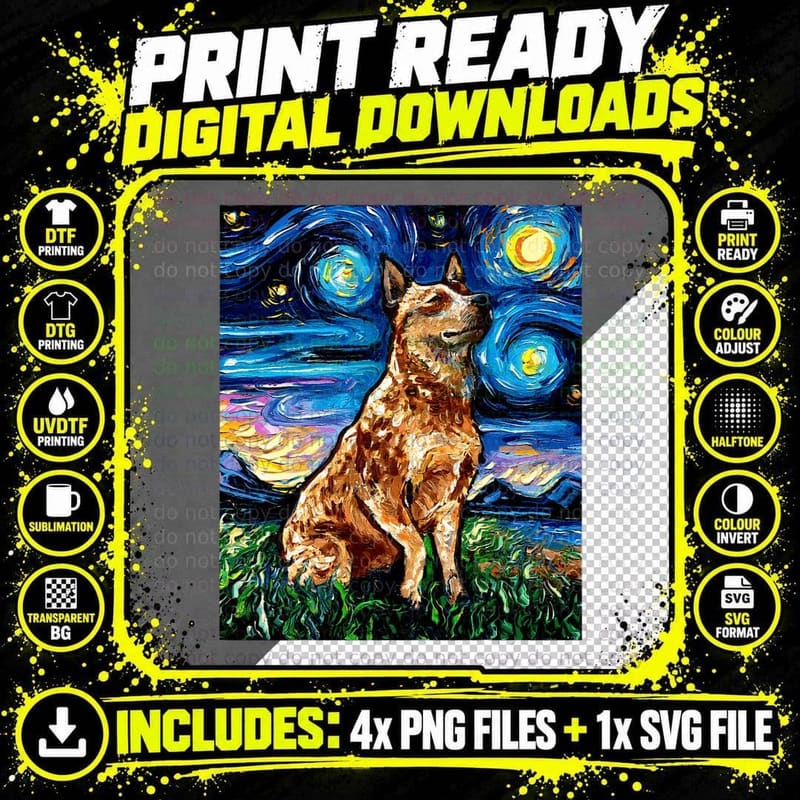 Red Heeler Starry Night Cattle Dog Colorful Art by Aja Png SVG Digital Bundle