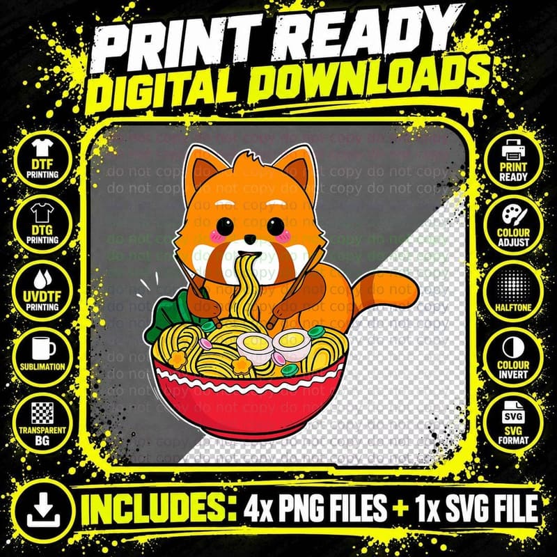 Red Panda Eating Ramen Cute Red Panda Ramen Noodles Png SVG Digital Bundle