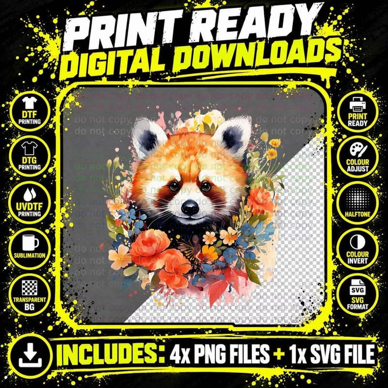 Red Panda Floral Watercolor Painting T-Shirt Png SVG Digital Bundle