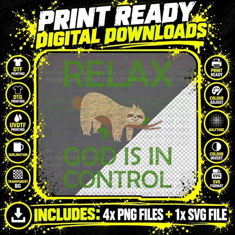 Relax God Is in Control Sloth Lover Christian Faith Png SVG Digital Bundle
