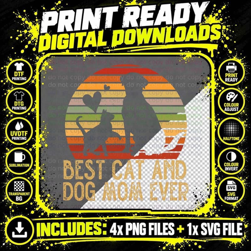 Retro Cat Dog Mom Cat Mama Furmama Puppy Kitty Mother's Png SVG Digital Bundle