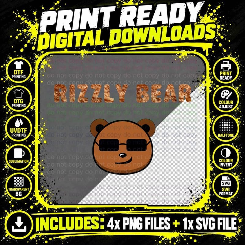 Rizzly Bear Funny Memes W Rizz Grizzly Wearing Png SVG Digital Bundle