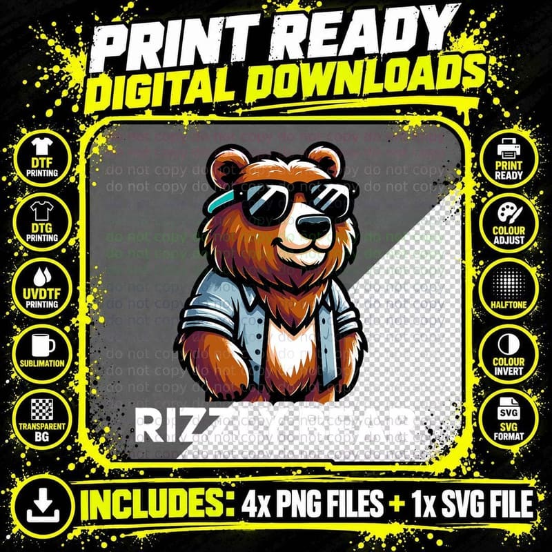 Rizzly Bear Grizzly Bear Dank Rizz Meme Funny Rizzler Png SVG Digital Bundle