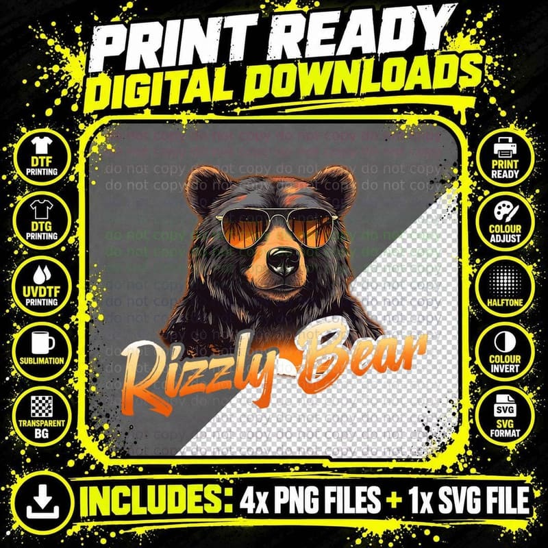 Rizzly Bear Wearing Sunglasses Funny Grizzly Bear W Rizz Png SVG Digital Bundle