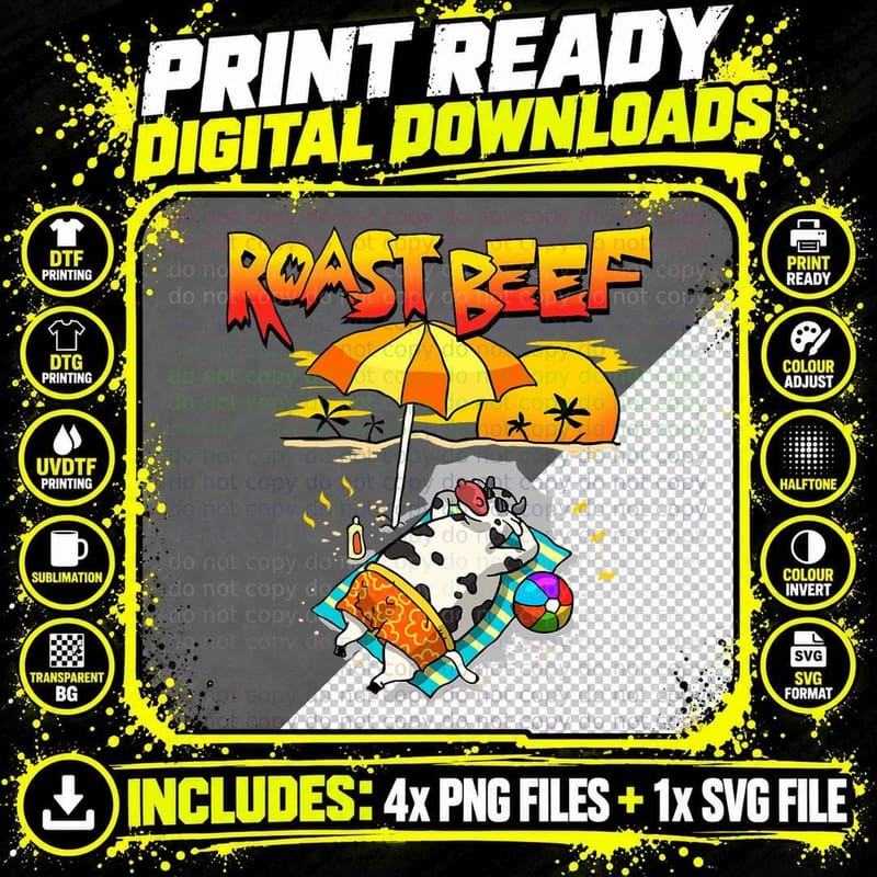 Roast Beef Shirt Cow on Beach Vacation Sun Tan Summer Png SVG Digital Bundle