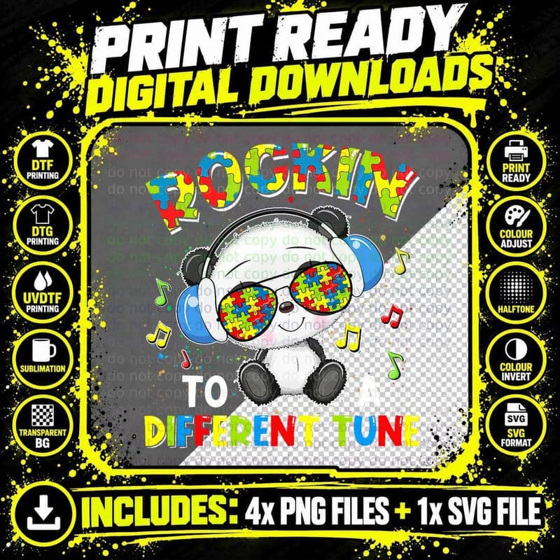 Rockin' to a Different Tune Panda Autism Awareness Boys Png SVG Digital Bundle