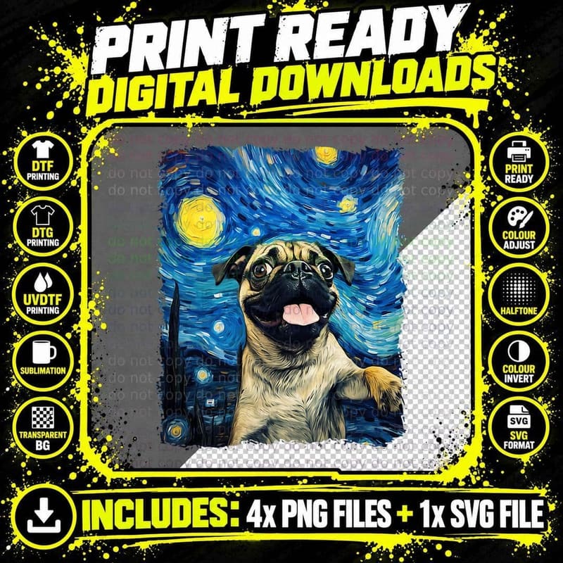 Selfie Pug Starry Night Painting Van Gogh Funny Dog Png SVG Digital Bundle