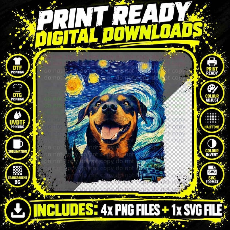 Selfie Rottweiler Starry Night Painting Van Gogh Funny Png SVG Digital Bundle