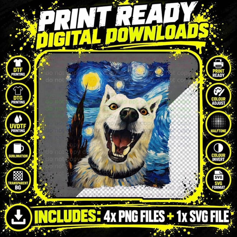 Selfie Siberian Husky Starry Night Painting Van Gogh Dog Png SVG Digital Bundle