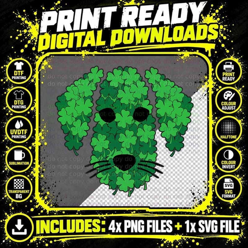 Shamrock Dog Face St Patricks Day Cute Puppy Doggie Png SVG Digital Bundle