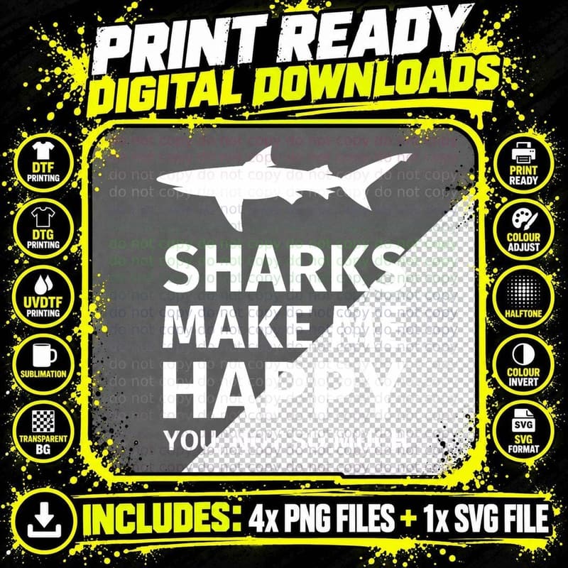 Shark Gifts for Shark Lovers - Funny Sharks Happy T-Shirt Png SVG Digital Bundle