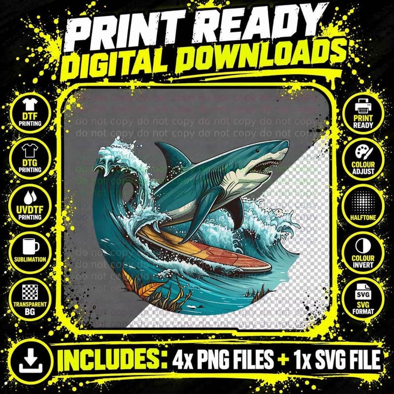 Shark Lover Surfboard Ocean Graphic Novelty Boy Men Png SVG Digital Bundle