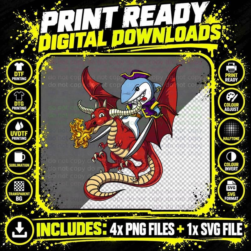 Shark Pirate Captain Riding Dragon Fantasy Mythical Png SVG Digital Bundle